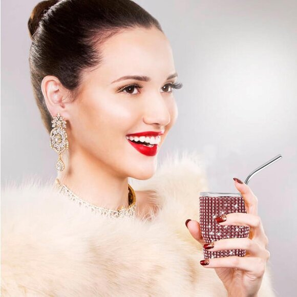 Red 3oz Diamond Stainless Steel Tumbler Shot Glass with Straw – Mini Travel Cup - Picture 6 of 6